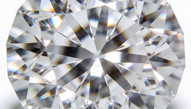 Round brilliant-cut diamond close-up showing table facet brilliance, fire and sparkle in studio
