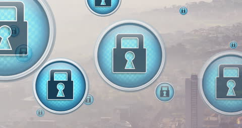 Floating Padlock Icons Over Cityscape Visualizing Cybersecurity