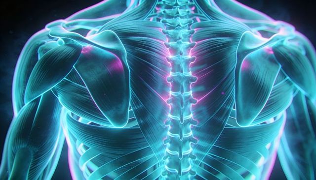 Glowing 3D Upper Back Anatomy Showing Thoracic Spine and Detailed Scapula Muscles