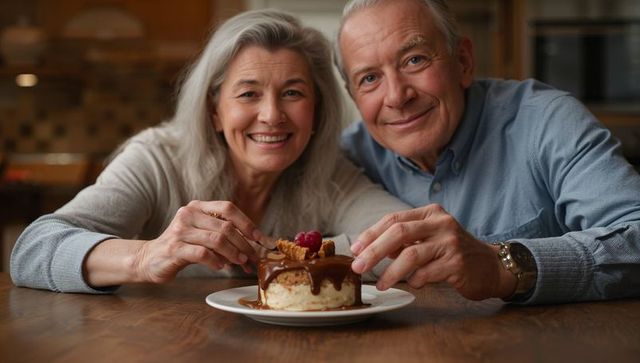 Smiling senior couple sharing caramel-drizzled cheesecake on wooden table in cozy kitchen