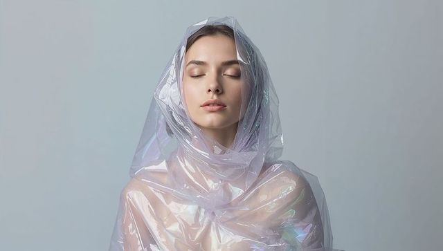 Serene model wearing iridescent translucent film, minimalist beauty portrait