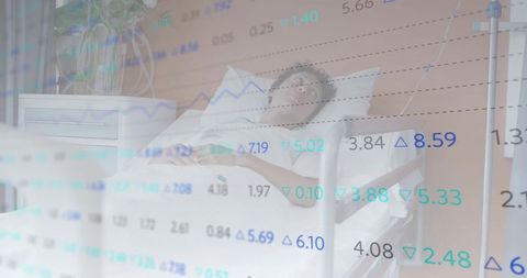 Woman in hospital bed with financial data overlaying healthcare costs