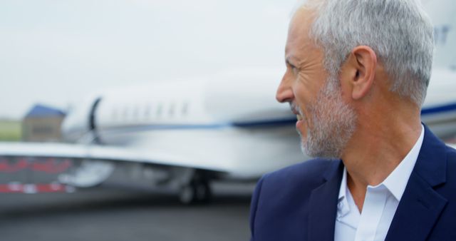 A mature businessman standing in front of a private jet on a runway, symbolizing success, luxury, and executive travel. Ideal for use in business travel promotions, corporate websites, travel and tourism advertising, or articles related to executive lifestyles and luxury air travel.