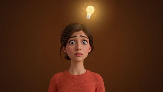 Looking puzzled young woman gazing up at glowing light bulb overhead idea concept thoughtful