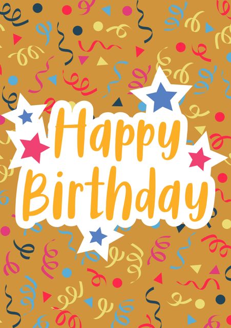 Cheerful design featuring Happy Birthday text surrounded by vibrant streamers and star shapes on brown background. Perfect for birthday cards, party invitations, festive decorations, and social media posts to celebrate special birthdays.