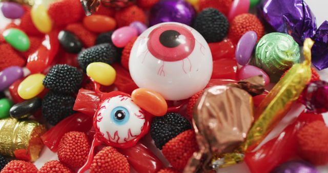 Close up view of variety of halloween candies fallen against grey background. halloween holiday and celebration concept