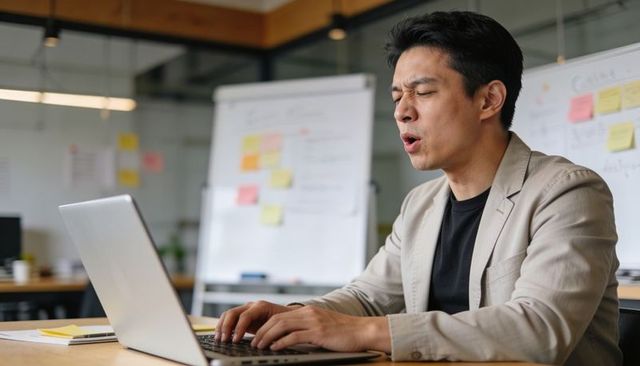Asian businessman typing on laptop while reacting during collaborative office planning session