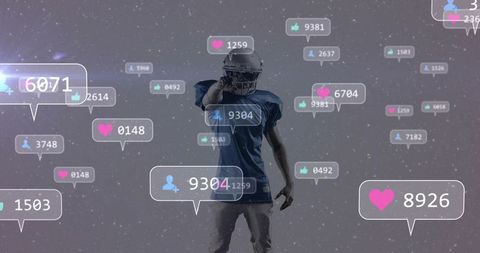 Celebratory Football Player in Digital Arena Surrounded by Social Media Icons
