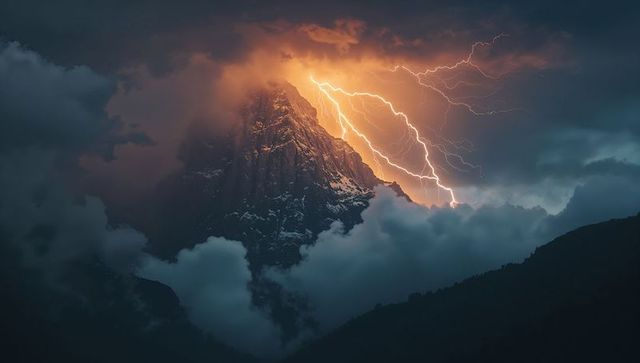 Dramatic mountain storm with lightning striking peak