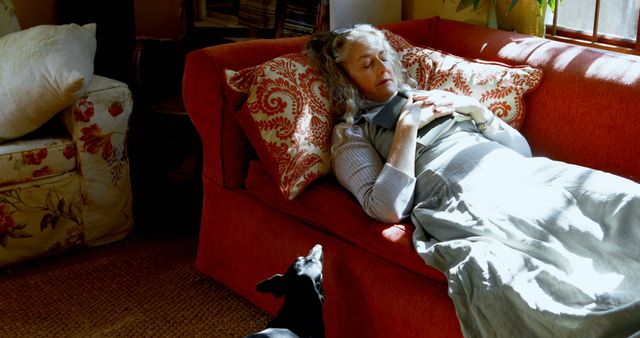 An elderly woman is resting on a red couch with patterned pillows, bathed in sunlight. A small dog is looking up at her from the floor. The setting is warm and cozy, with soft lighting creating a serene atmosphere. Ideal for themes related to relaxation, companionship, home comfort, and peaceful living, suitable for use in lifestyle, senior living, or pet care media.