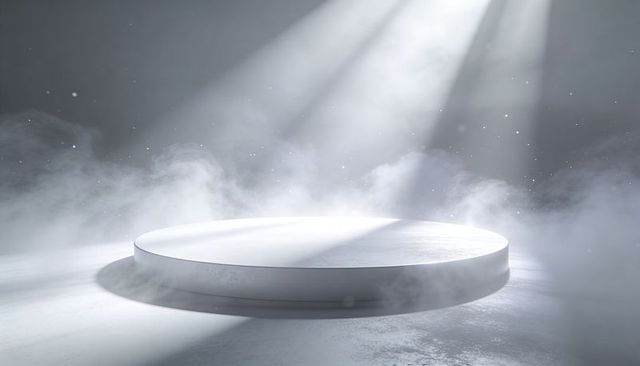 Minimalist illuminated round podium with fog and dramatic spotlight for product display