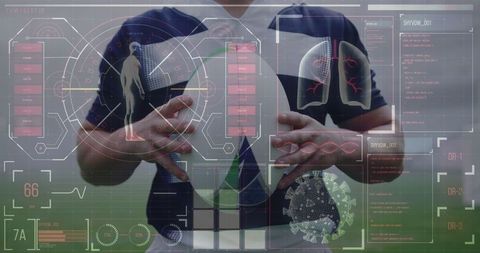 Athlete holding rugby ball with digital health data overlay