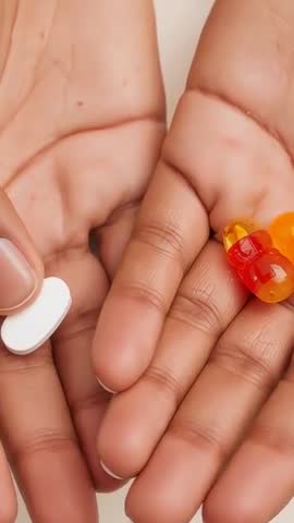 Vertical close-up hands placing heart-shaped tablet into palm with orange gummy vitamins
