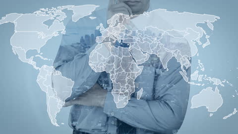 Businessman with World Map and City Overlay, Global Business Concept