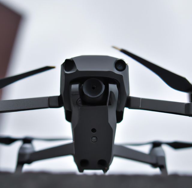 Close-up focused view of a stylish quadcopter drone with its arms folded. The cloudy sky creates a muted backdrop, highlighting the drone's sleek design. Perfect for use in articles or advertisements related to aerial technology, drone mechanics, modern gadgets, and robotic innovations.