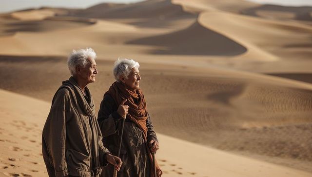 Senior couple walking through golden hour desert dunes holding canes, leaving footprints