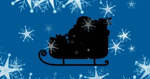 Santa's sleigh silhouette with snowflakes on blue background