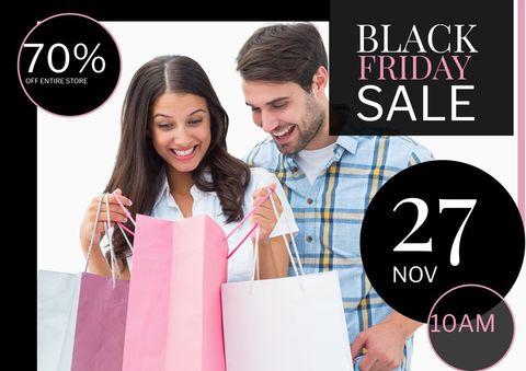 Joyful couple holding up their shopping bags celebrates Black Friday discounts. This image captures the thrilling excitement of retail discounts, perfect for advertising campaigns highlighting major sales events. Use it to convey consumer culture and the joyful experience of shopping during peak season sales.