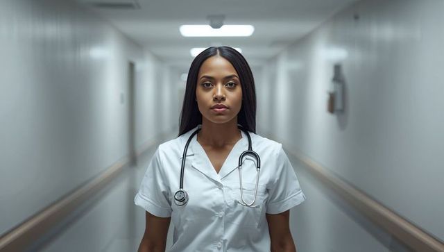 Confident nurse standing in hospital corridor wearing white uniform and stethoscope