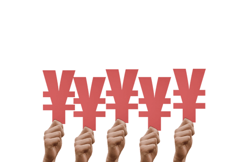 Hands up: holding red yen symbols on transparent background