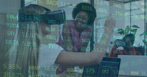 Corporate Women Experimenting with VR in Futuristic Office Environment