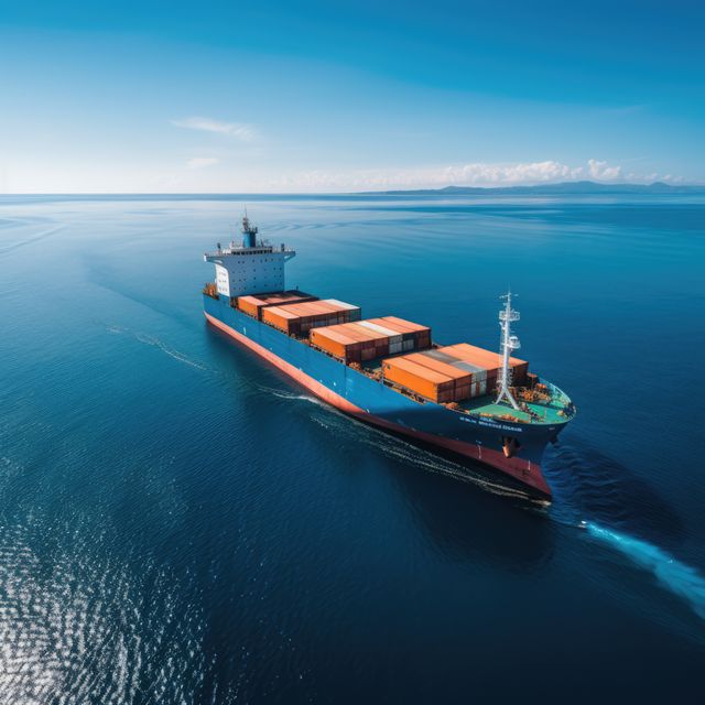 Cargo ship transporting containers across the open sea under a clear blue sky. Ideal for illustrating concepts related to global trade, maritime logistics, international shipping, and ocean transport. Suitable for use in articles, presentations, and educational materials that discuss freight delivery and shipping industry.