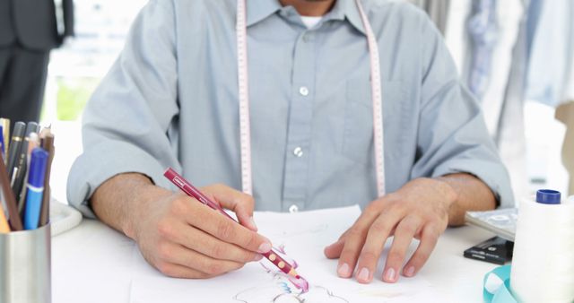 Focused Male Fashion Designer Drawing Sketches at Desk - Download Free Stock Images Pikwizard.com