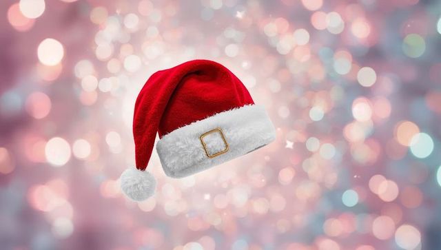 Floating Santa Hat with Gold Buckle and Fluffy White Cuff on Pastel Bokeh Background