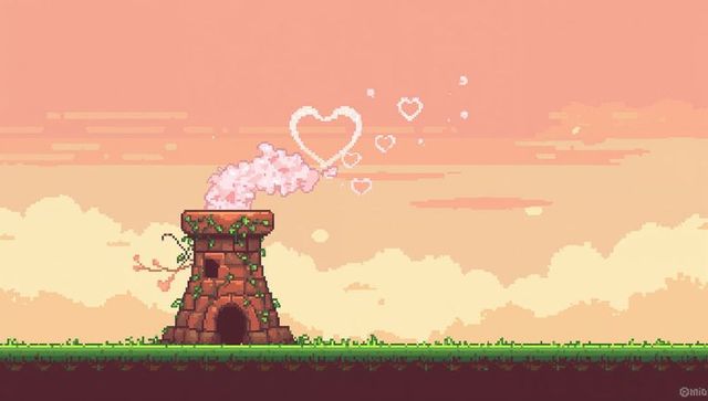 Pixel art mossy tower emitting pink heart smoke over grassy plain at sunset