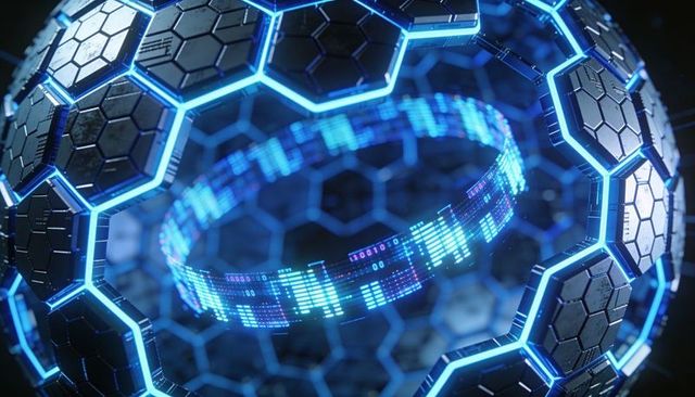 Rotating geodesic data sphere with neon-blue hex panels and holographic ring display