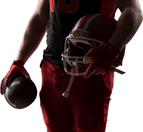 American football player holding helmet and football, close-up on transparent background