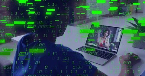 Watching remote webinar on laptop, speaker presenting, green binary cybersecurity overlay