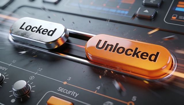 Unlocked Slider Overriding Locked Switch on High-Tech Security Console with Sparks and Rails