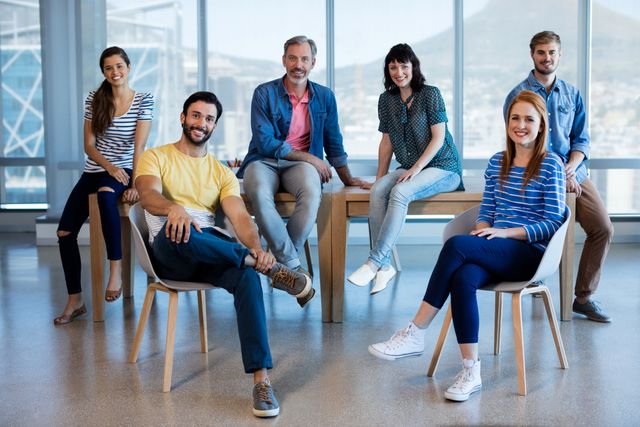 Group of creative business professionals sitting on chairs and a desk in a modern office. They are smiling and appear relaxed, indicating a positive and collaborative work environment. Ideal for use in corporate websites, team-building presentations, and promotional materials showcasing company culture.
