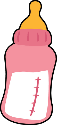 Transparent cartoon baby feeding bottle with pink body and yellow cap