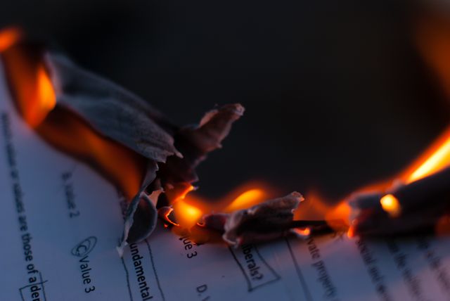 This visual depicts flames consuming a piece of paper with charred edges. It can be used to symbolize destruction, anger, or change. Ideal for articles about climate change, fire safety, emotional distress, or transformation.