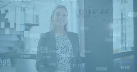 Businesswoman Using Smartphone with Financial Data Overlay in Office Environment