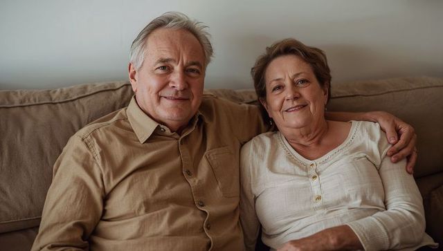 Senior couple sitting on sofa smiling and embracing, cozy living room togetherness