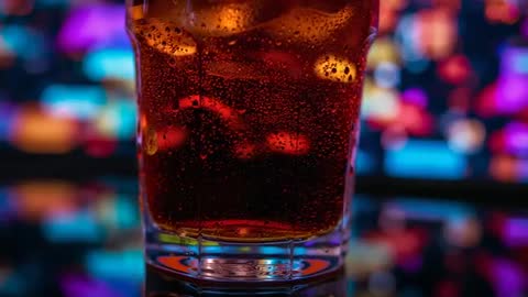 Close-up bubbling cola in glass tumbler with neon bokeh and glossy reflections
