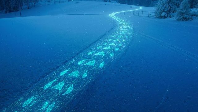 Glowing turquoise footprint trail curving across snowy meadow at twilight