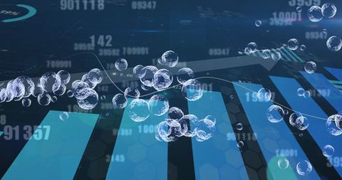 Floating Bubbles Over Dynamic Financial Charts on Blue Background