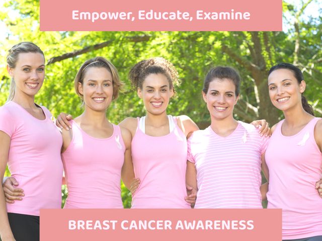 Women wearing pink tops standing together outdoors, smiling and supporting breast cancer awareness. Ideal for health campaigns, awareness month materials, educational resources, and support group promotions.