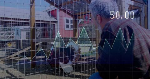 Farmer observing turkey with digital growth overlay on farm