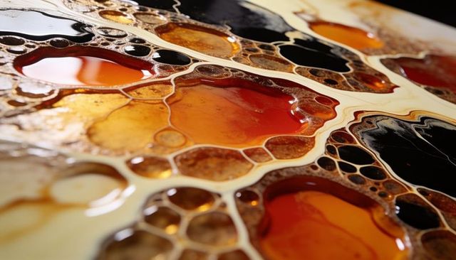 Glossy resin honeycomb pigment pools amber orange black cream macro abstract fluid art