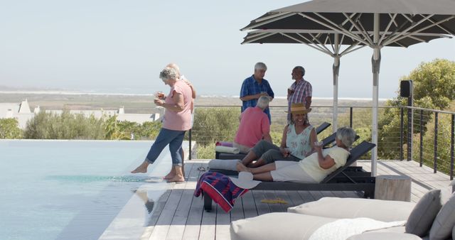 Seniors Relaxing by Infinity Pool Socializing on Sunny Day - Download Free Stock Images Pikwizard.com