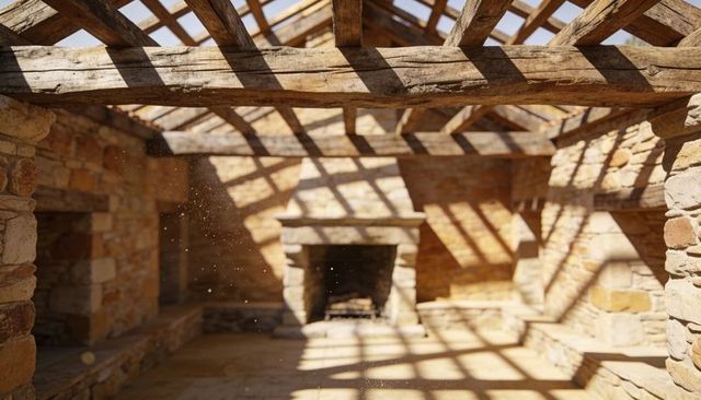 Sunlit rustic stone pavilion with timber-grid shadows and central fireplace