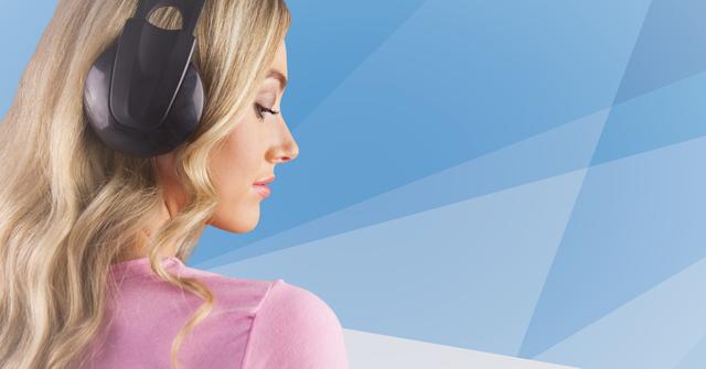 Woman wearing headphones, enjoying music against a blue geometric background. Ideal for use in technology, music streaming, relaxation, and lifestyle content. Perfect for advertising audio products, music apps, or leisure activities.