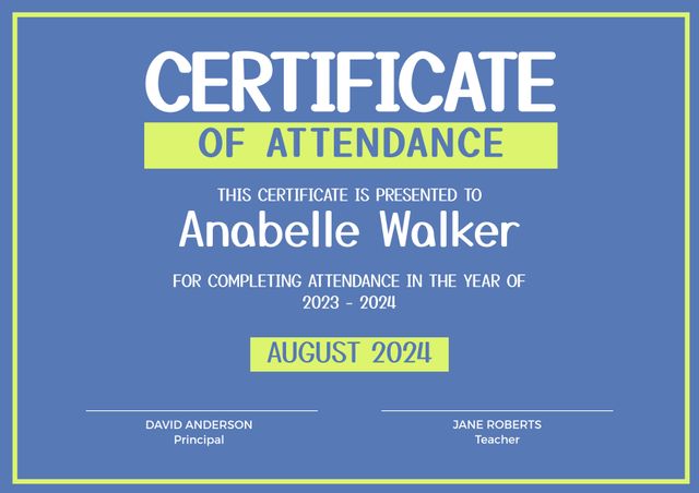 Modern and professionally designed certificate of attendance template, perfect for recognizing student attendance for the academic year 2023-2024. Featuring a sleek and clean layout, it is ideal for use in schools, educational institutions, training centers, and corporate settings. Customizable fields allow easy personalization for different events and honorees, making it a versatile choice for rewarding dedication and achievement.