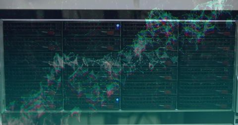 Digital Data Network Waves Overlays on Server Rack