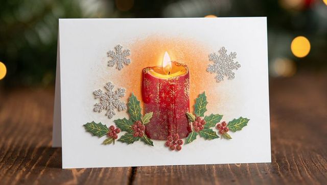 Glowing red candle holiday card with glittering holly and silver snowflakes
